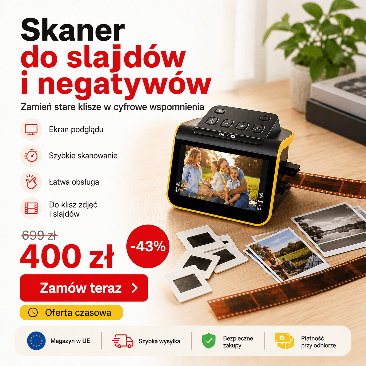 Cyfrowy skaner filmów i slajdów, odpowiedni do kolorowych oraz czarno-białych negatywów i slajdów 35 mm, 126 i 110, konwertuje je na wysokiej jakości zdjęcia cyfrowe JPEG o rozdzielczości 22 MP.