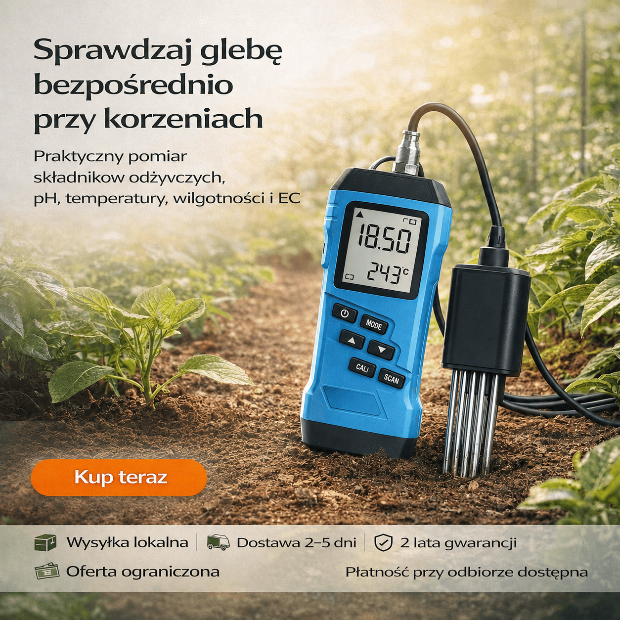 Nihig Cyfrowy Tester Gleby 7 w 1 | pH, NPK, EC, przewodność, wilgotność i składniki odżywcze | Do ogrodu, szklarni i rolnictwa | Dostawa w 3–5 dni